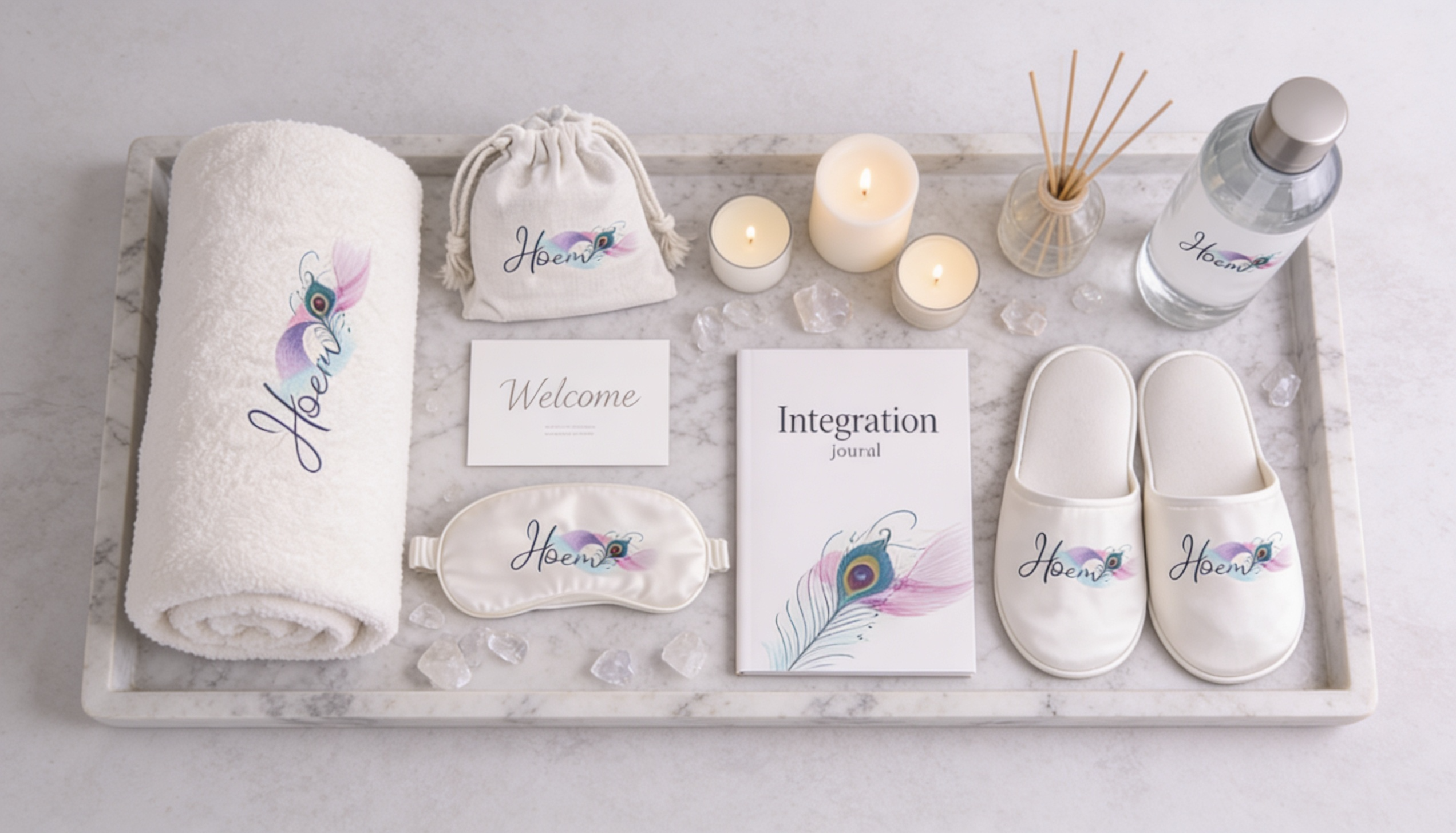 HOEM full amenity collection — towel, drawstring bag, slippers, eye mask, journal, water bottle on marble tray