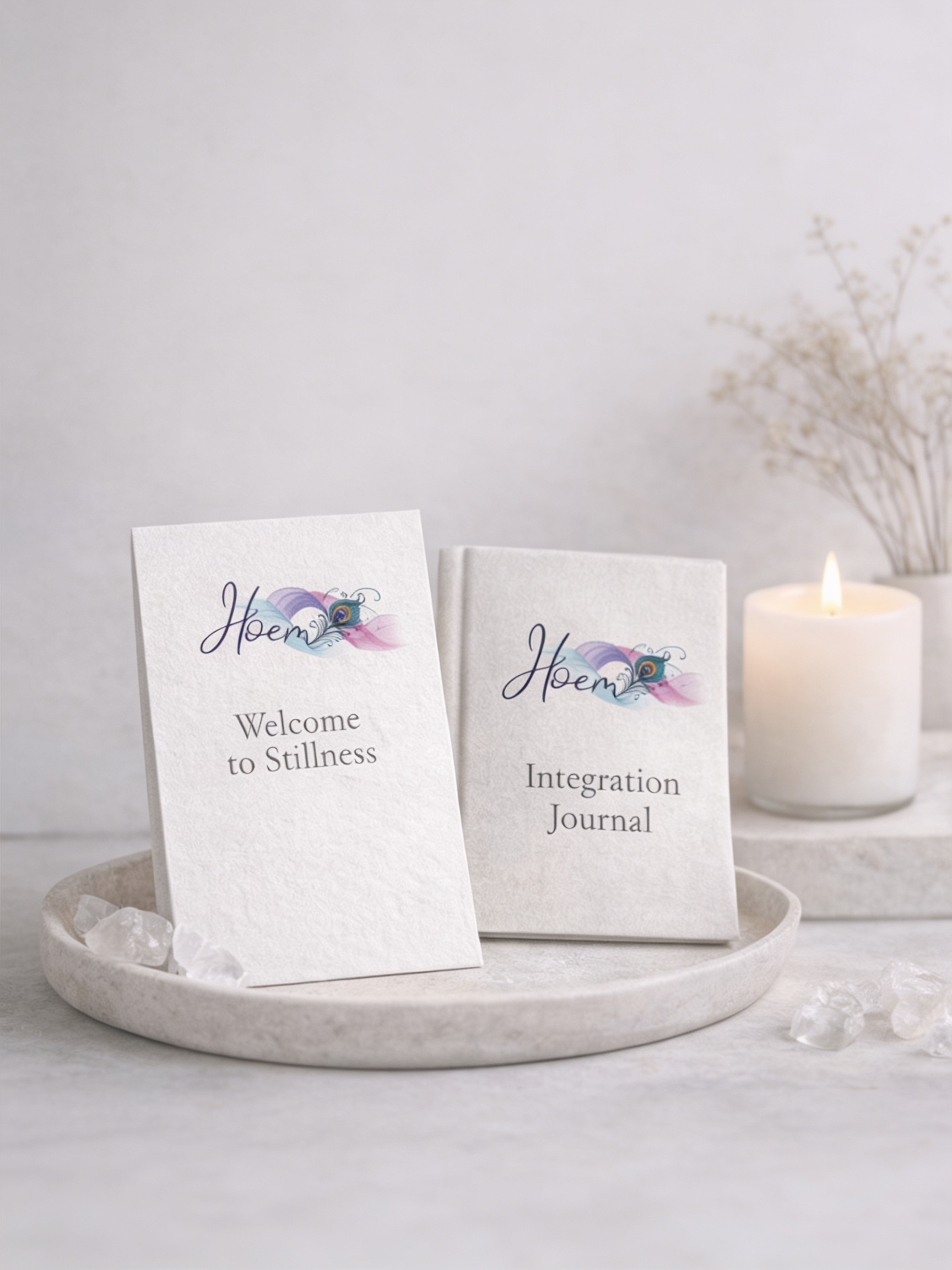 HOEM Welcome to Stillness card and Integration Journal on ceramic tray with candle