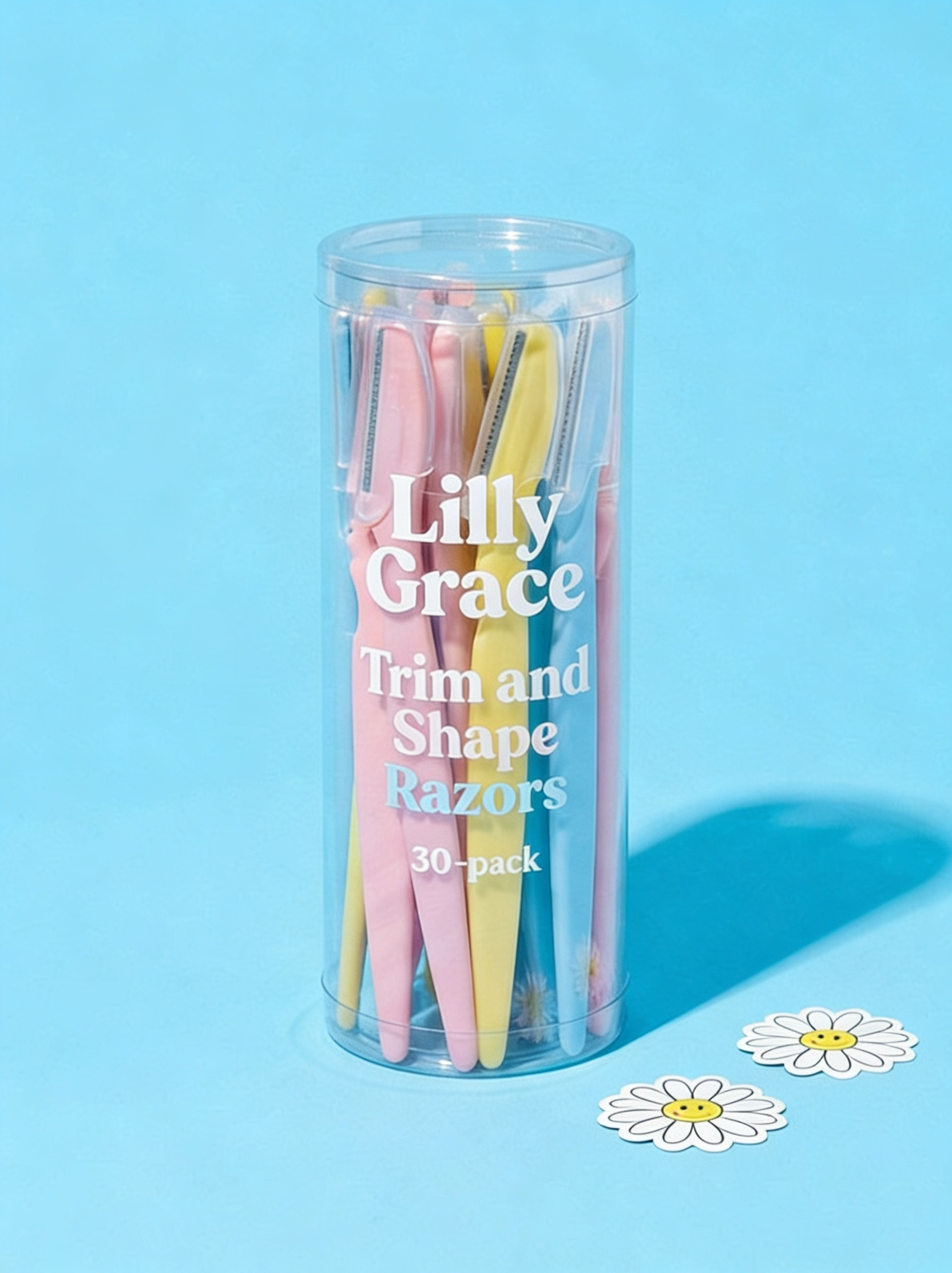 Lilly Grace Trim and Shape Razors 30-pack in clear cylinder tube — pastel pink and yellow