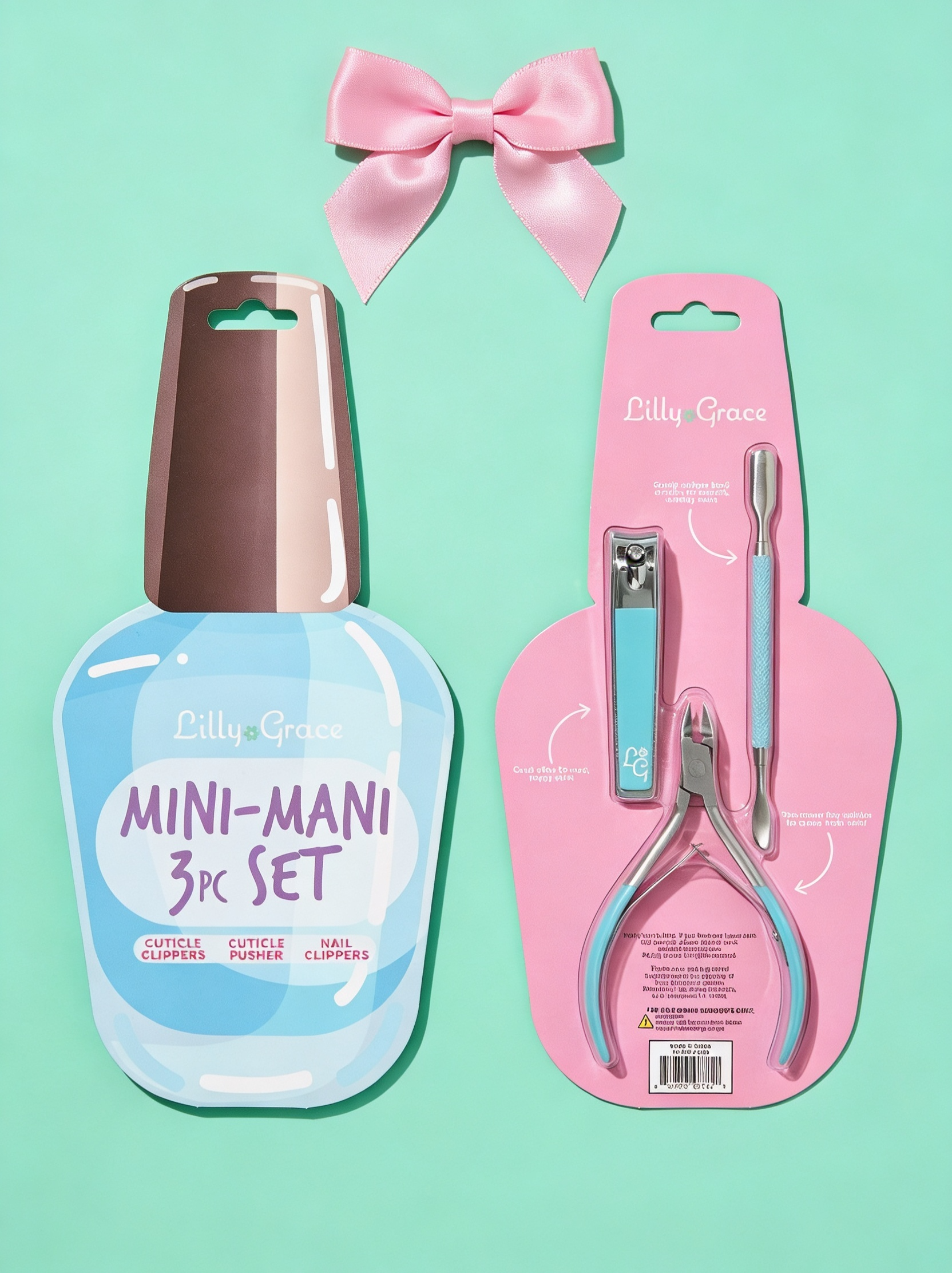 Lilly Grace Mini-Mani 3pc nail care set in mint green nail polish bottle