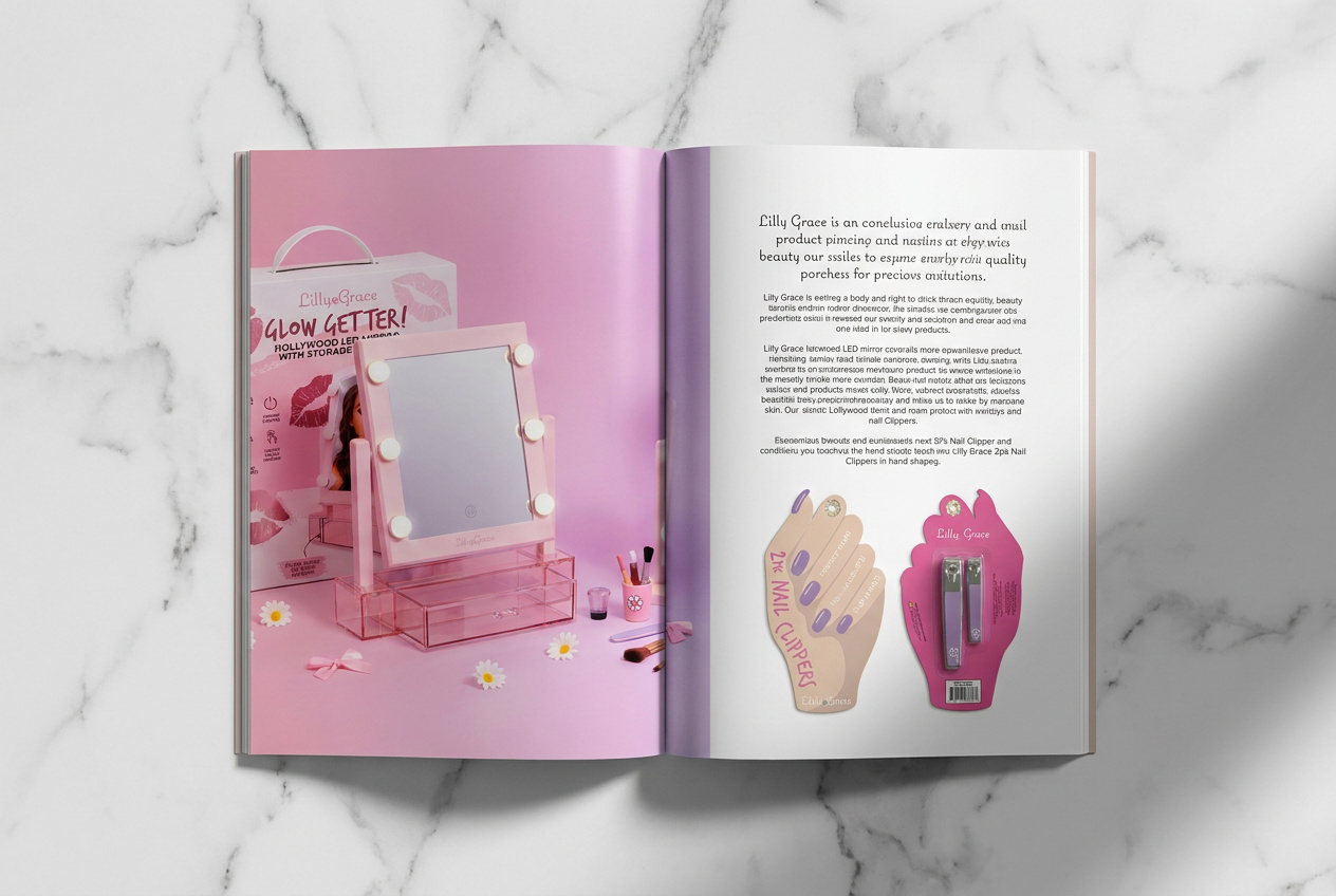 Lilly Grace brand lookbook open flat on marble surface