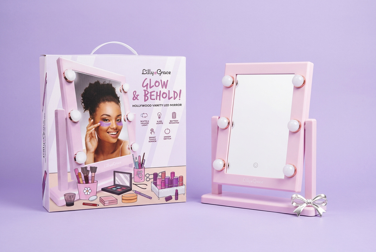 Lilly Grace Glow & Behold Hollywood Vanity LED Mirror with packaging on lavender background