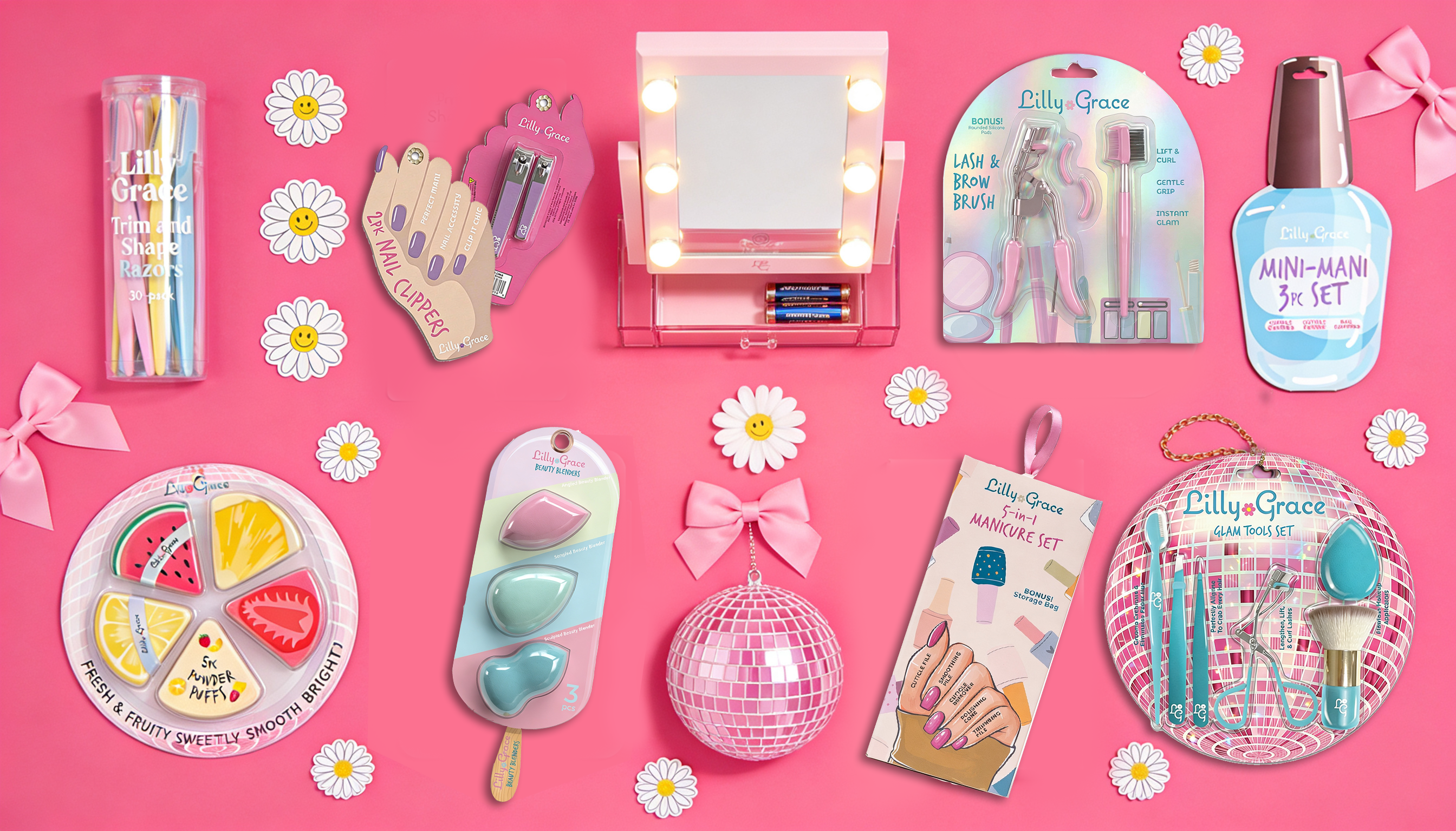 Lilly Grace full brand collection — Hollywood mirrors, tools, and packaging flatlay