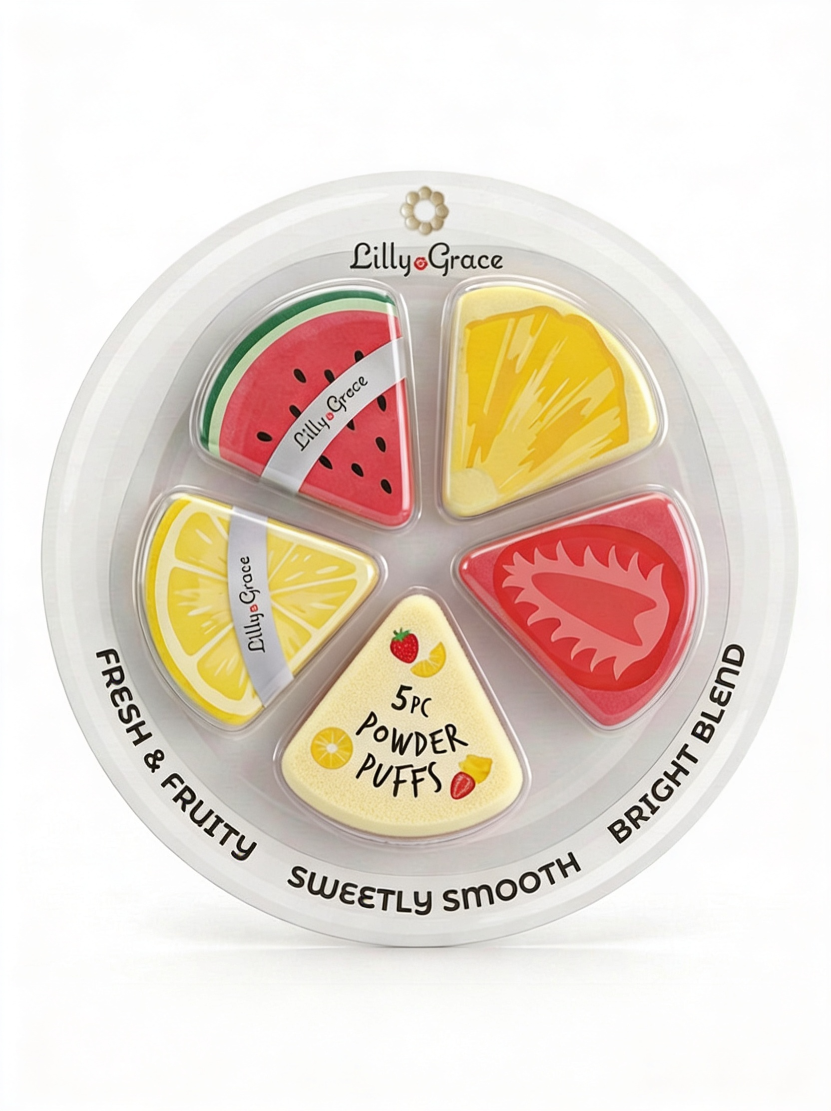 5pc Powder Puffs — tropical fruit wheel packaging
