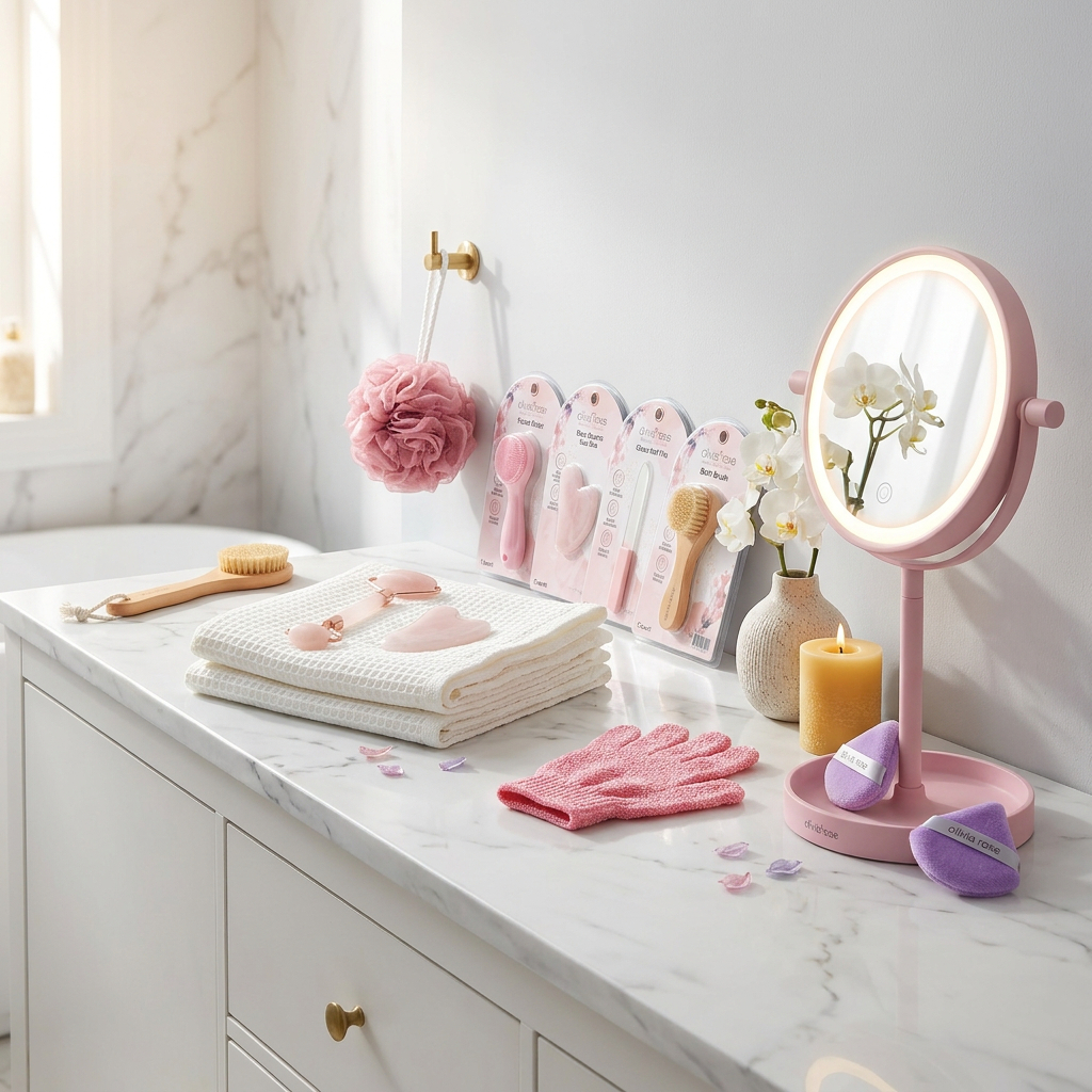 Olivia Rose product lineup in marble bathroom with LED vanity mirror