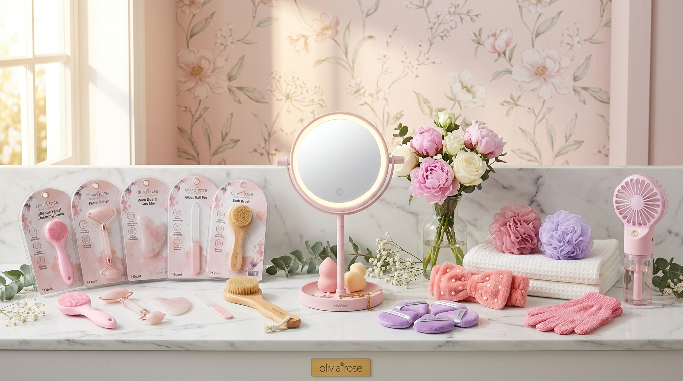 Olivia Rose full product range on marble vanity — packs, mirror, accessories