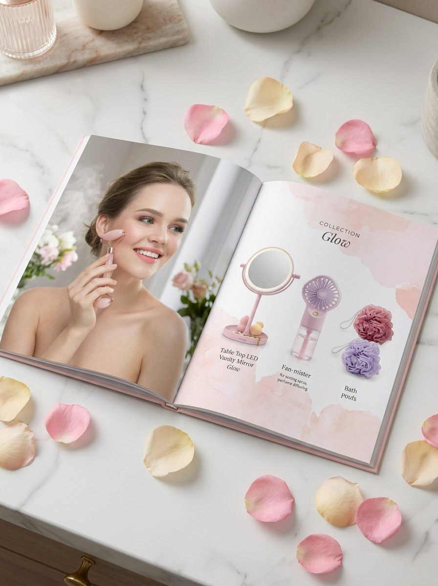 Olivia Rose open lookbook on marble counter with rose petals
